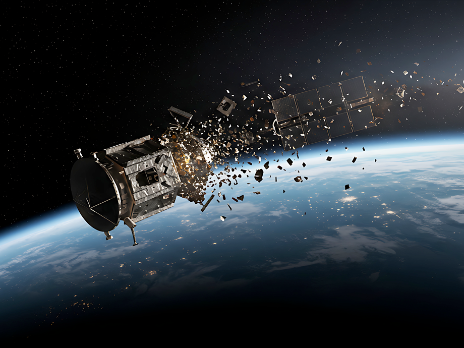 broken up satalite with debris in space